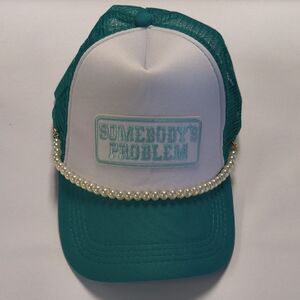 Teal and White  Cap with Pearl Detail